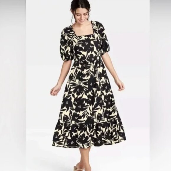 Who What Wear Dresses & Skirts - Who What Wear Cream Floral Women's XS‎ Puff Elbow Sleeve Open Back Midi Dress